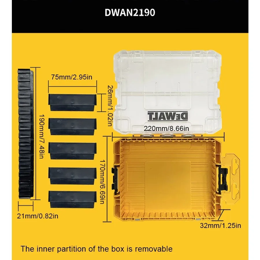 Caja de Almacenamiento Transparente DeWalt, Caja Organizadora con Compartimentos, Material PP Reforzado, para Tornillos y Accesorios, Apilable
