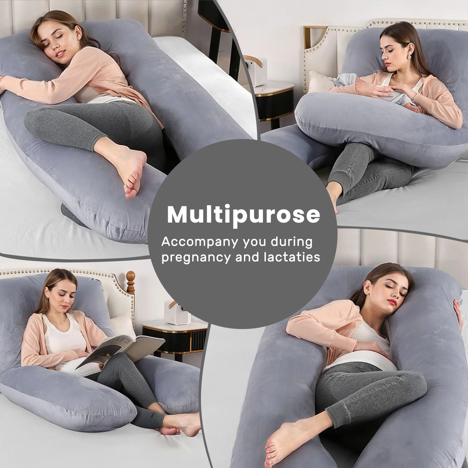 Almohada de embarazo en forma de U para dormir, almohada de cuerpo completo, almohada de embarazo, almohada de maternidad, con funda extraíble (gris)
