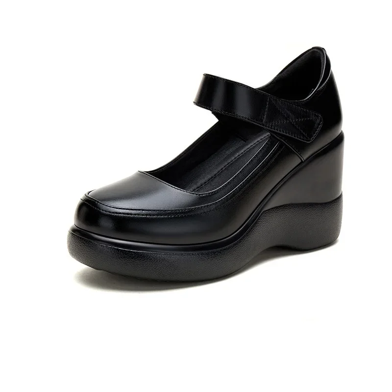 8cm transpirable cómodo poco profundo plataforma gruesa cuñas zapatos 2025 primavera zapatos de cuero genuino mujer tacones altos para mamá