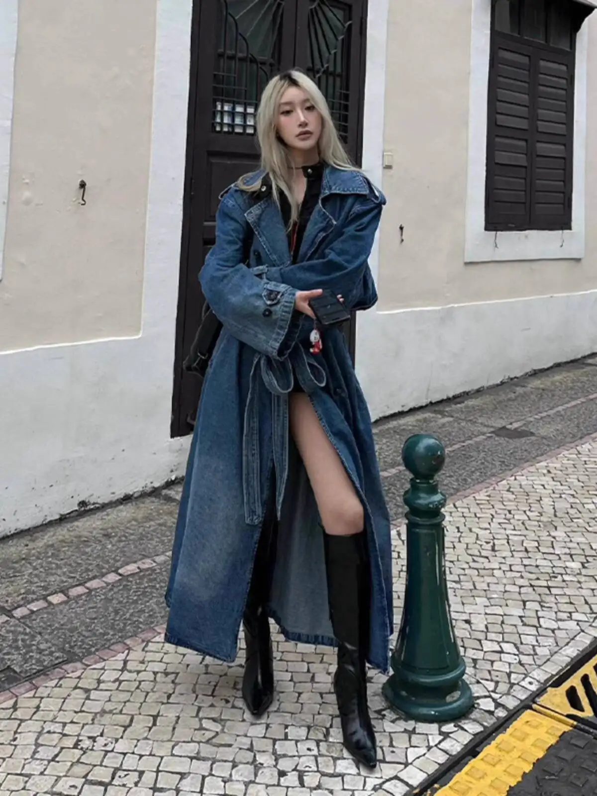 Gabardina cortavientos vaquera larga para mujer, abrigo vaquero Retro con doble botonadura, gabardina larga informal holgada de pierna ancha, otoño 2025
