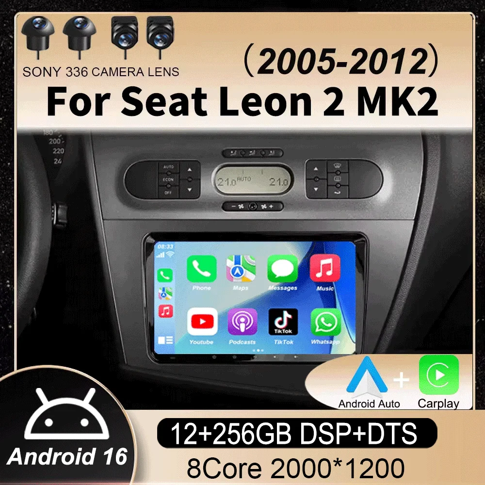 Radio para Auto Android 16 con Navegación GPS y Carplay para Seat Leon 2 MK2 2005-2012 Reproductor Multimedia de Video Estéreo DSP Cámara 360 Wifi 4G