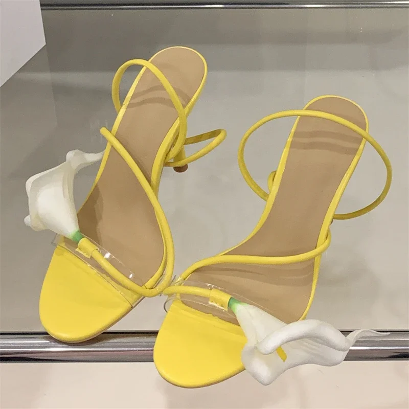 Eilyken, sandalias sexis de PVC transparente con flores y banda estrecha para mujer, estilo callejero, punta abierta, tacones altos finos, zapatos para fiesta y graduación