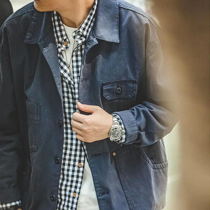 Maden Chaqueta masculina azul marino estilo cazadora Cuello vuelto asimétrico muchos bolsos Chaqueta casual de algodón Prenda exterior holgada Tamaño S-XXL