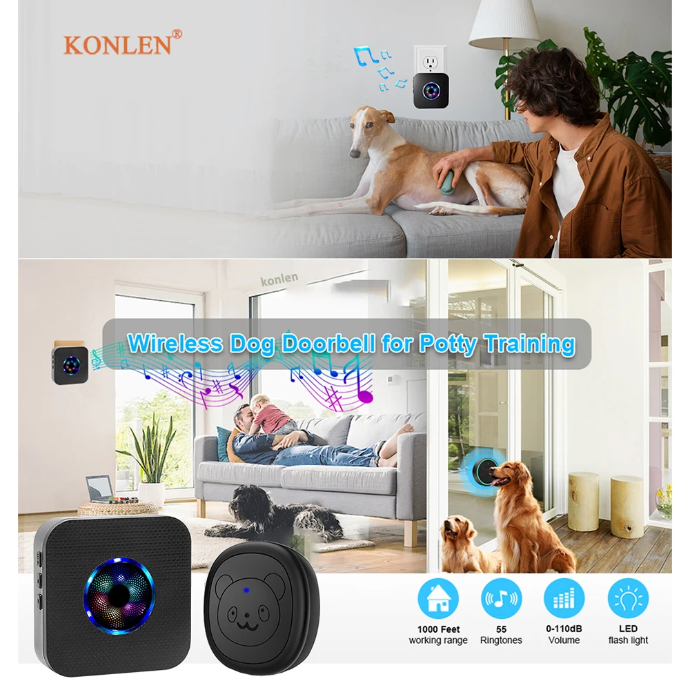 KONLEN-timbre inteligente para perro, timbre inalámbrico para entrenamiento de orinal, campanilla de comida para perros, botón táctil para mascotas, anillo para cachorros para salir