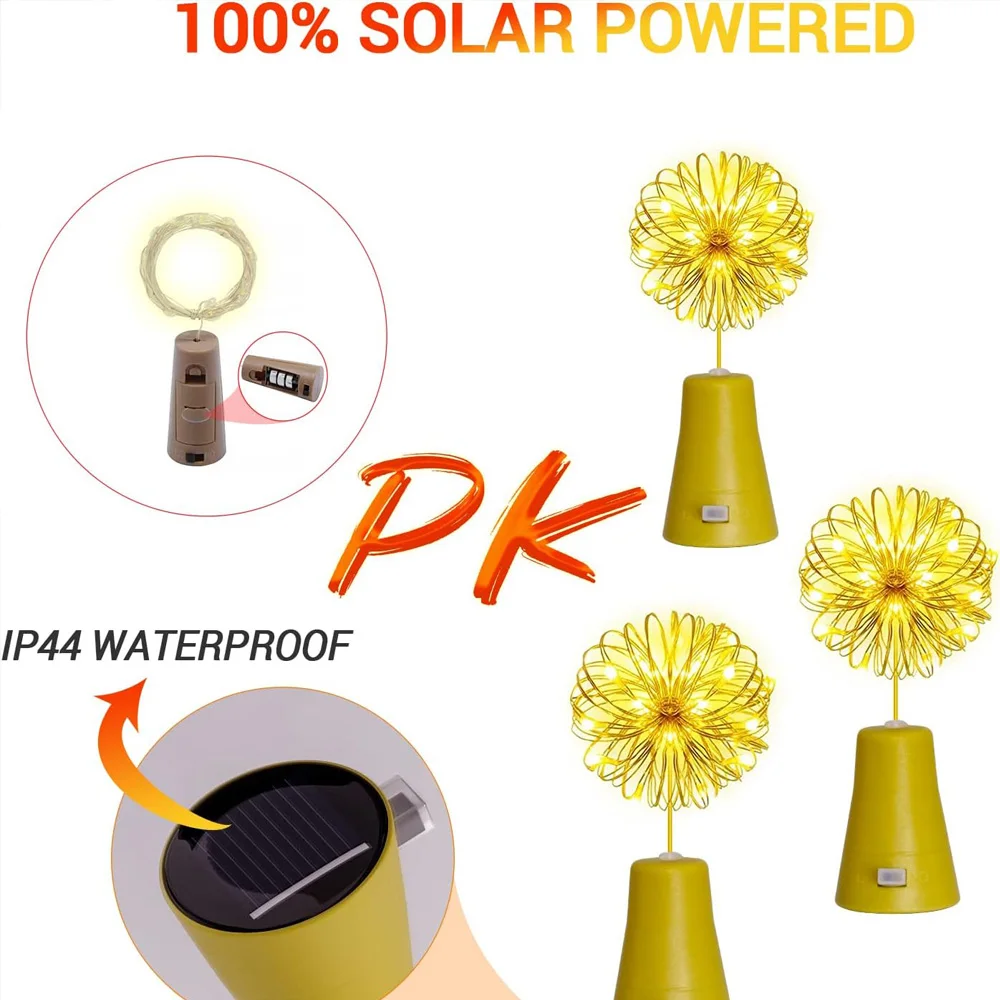 Guirnalda de luces solares para botellas de vino, 20LED, alambre de cobre Solar, luces de hadas con forma de corcho, lámpara navideña para decoración de jardín, fiesta de boda
