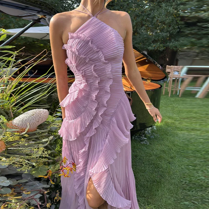 Vestido de noche elegante con tirantes y volantes, vestido de fiesta Sexy con pliegues sólidos y cordones y espalda descubierta, novedad de 2025, bata Y2k para fiesta y vacaciones