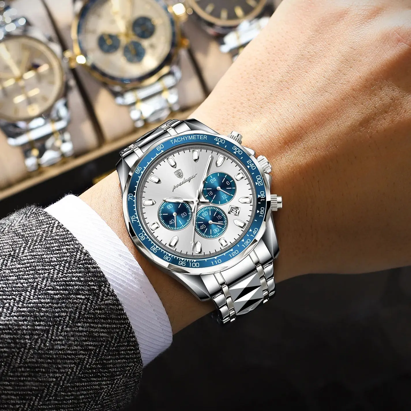 Reloj POEDAGAR de lujo para hombre, relojes luminosos resistentes al agua de acero inoxidable para hombre, cronógrafo con fecha, reloj de negocios de cuarzo para hombre