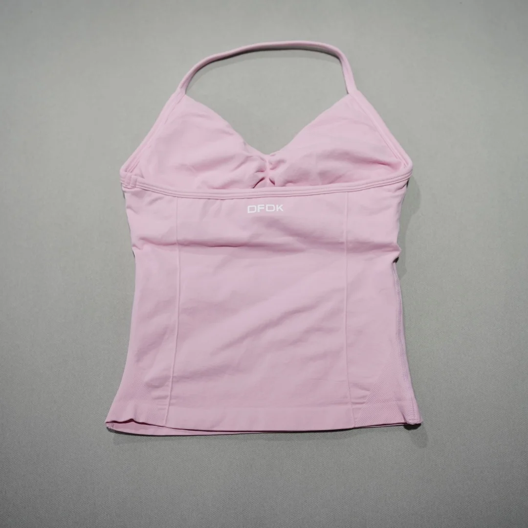 DFDK Chaleco deportivo con cuello en V para mujer, top de yoga sin mangas sin costuras, acolchado desmontable, ropa deportiva transpirable de ajuste delgado para gimnasio y correr