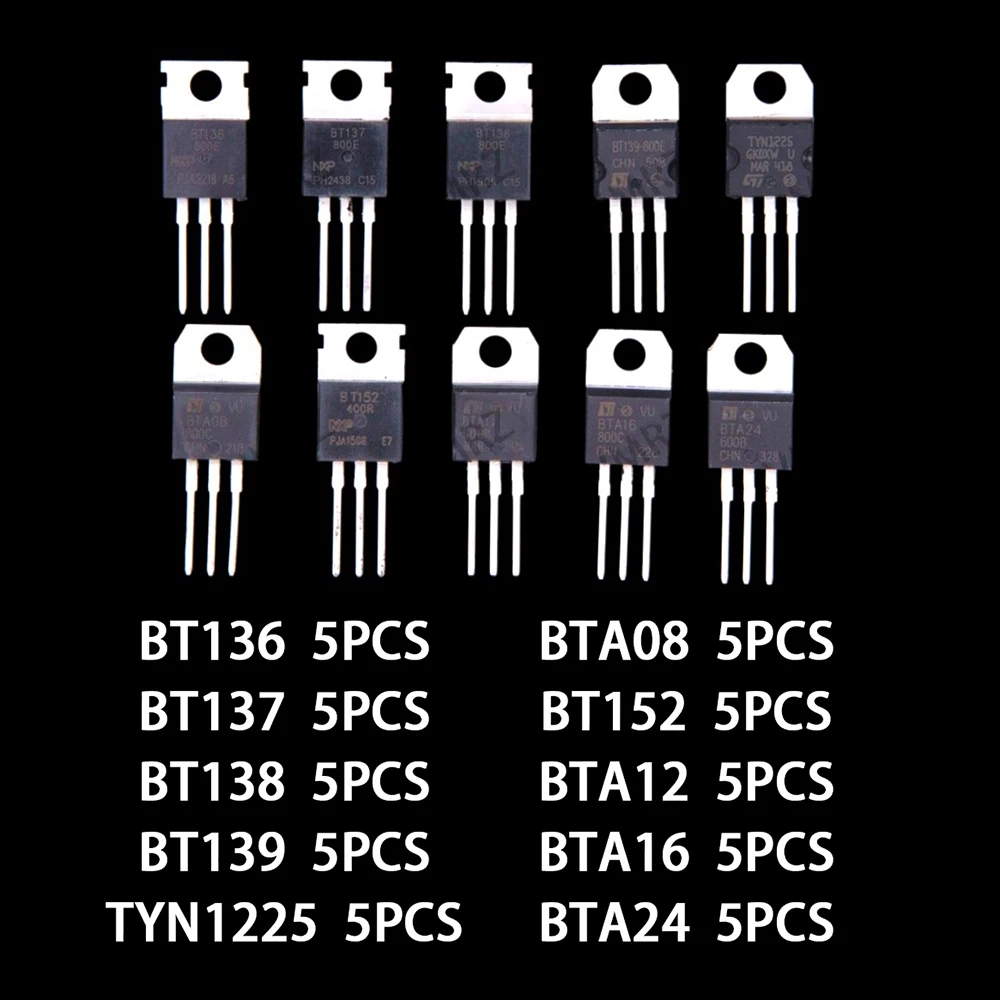 10 valores BT136 BT137 BT138 BT139 50PCS Tiristor controlado por silicio TYN1225 BTA08 BT152 TO-220 BTA12 BTA16 BTA24