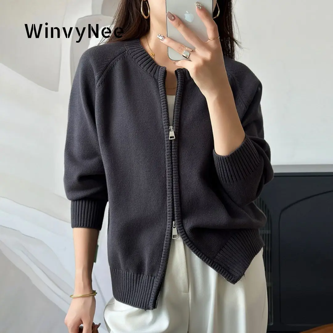 Ropa de Mujer WinvyNee, Cárdigan de Manga Larga, 100% Algodón, Cuello Redondo, Cierre de Cremallera, Suave y Grueso, Tejido de Punto, para Primavera, ZA1002018