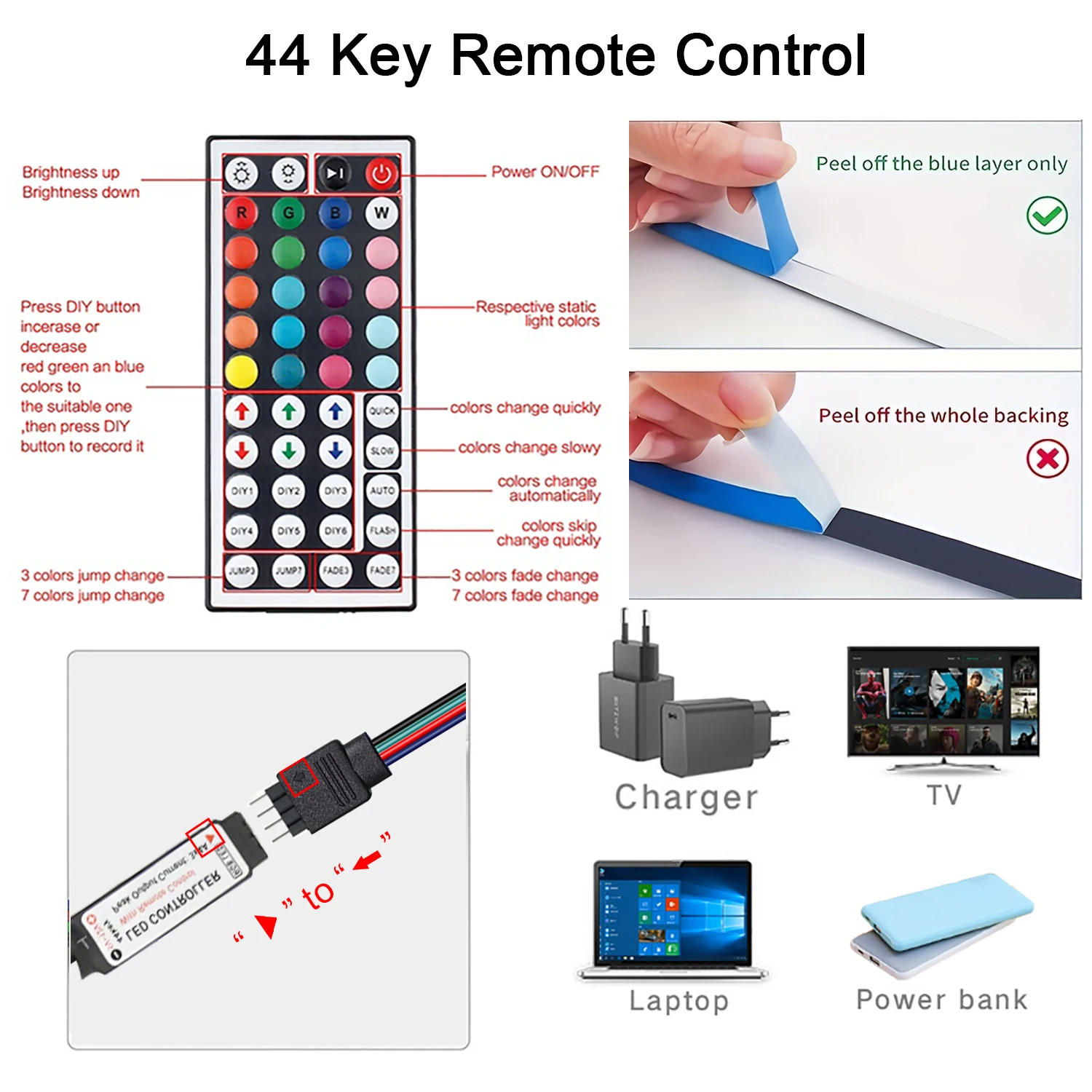 Tira de luces Led con Control remoto de 44 teclas, 1m, 5m, 10m, 20m, cinta RGB, pared Led para habitación, hogar, dormitorio, decoración de fiesta, retroiluminación de TV