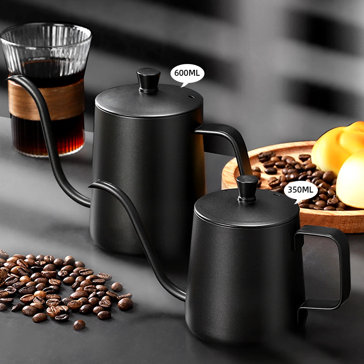 Tetera de café de acero inoxidable de 350/600 ml con boquilla de cuello de cisne para verter café, tetera de goteo de cuello de cisne con boca fina