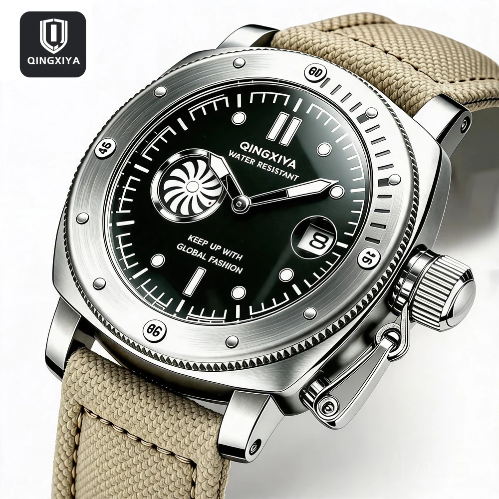 Reloj de cuarzo QINGXIYA, nuevo diseño de segunda esfera, correa de lona de alta calidad, resistente al agua, calendario, relojes deportivos para hombre