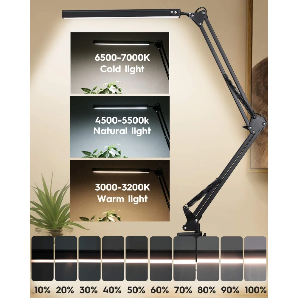 Lámpara de Escritorio LED de 10W con Pinza, Brazo Oscilante Ajustable, Luz de Mesa Regulable, 3 Modos de Color, 10 Niveles de Brillo, Cuidado de la Vista, USB, para Lectura