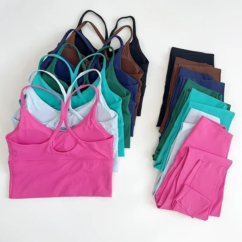 Conjunto de Yoga de 2 piezas, ropa deportiva, trajes de Fitness, camisetas de Yoga sexis con espalda cruzada, mallas elásticas de cintura alta, ropa deportiva para correr