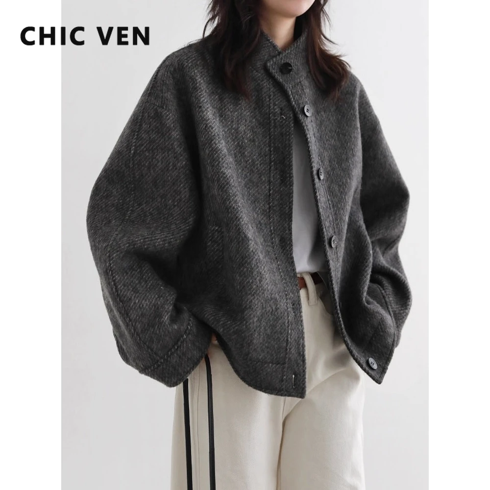 CHIC VEN-abrigo corto de lana para mujer, chaqueta con textura de sarga de un solo pecho, prendas de vestir Retro para mujer, Otoño Invierno 2025