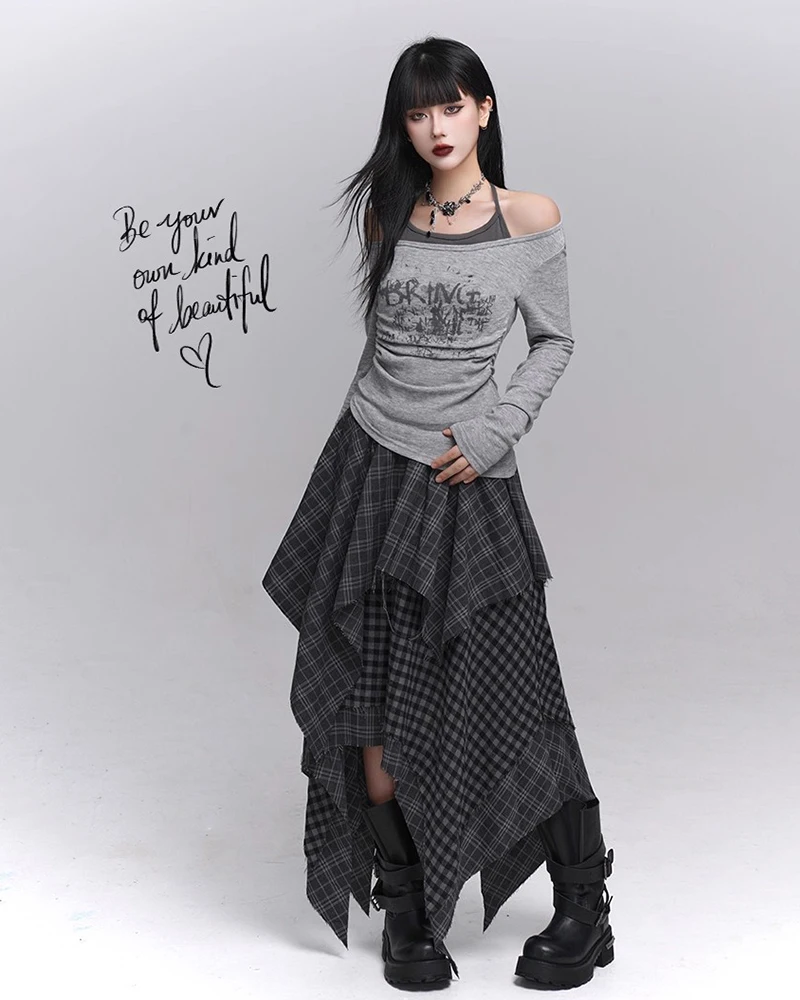 REDDACHiC Acubi falda asimétrica a cuadros a la moda Alt Goth cintura elástica puntada borde crudo falda larga fluida de talla grande pantalones de mujer