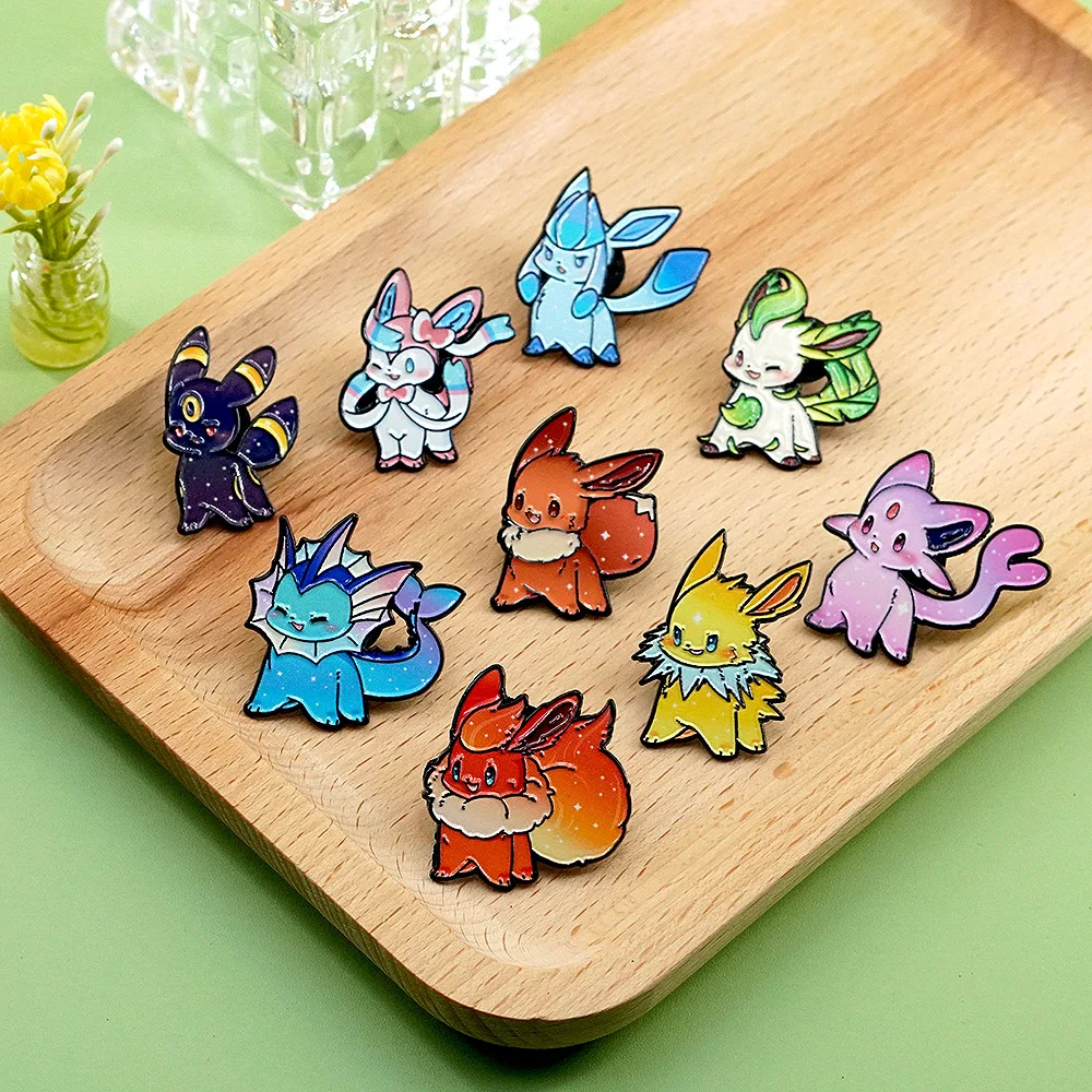 Set de 9 Broches Esmaltados de Anime Pokémon Eevee, Monstruos Élficos, Animales de Moda, Broches de Solapa para Mujer, Joyería de Regalo Festivo