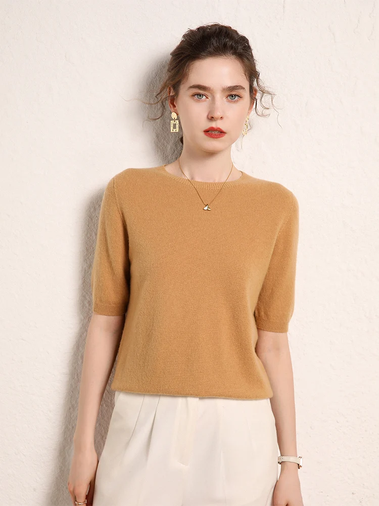 Suéter de cachemira de cabra con cuello redondo para mujer, camiseta, jersey de otoño e invierno, media manga, 100% de punto de Cachemira, Tops sólidos clásicos