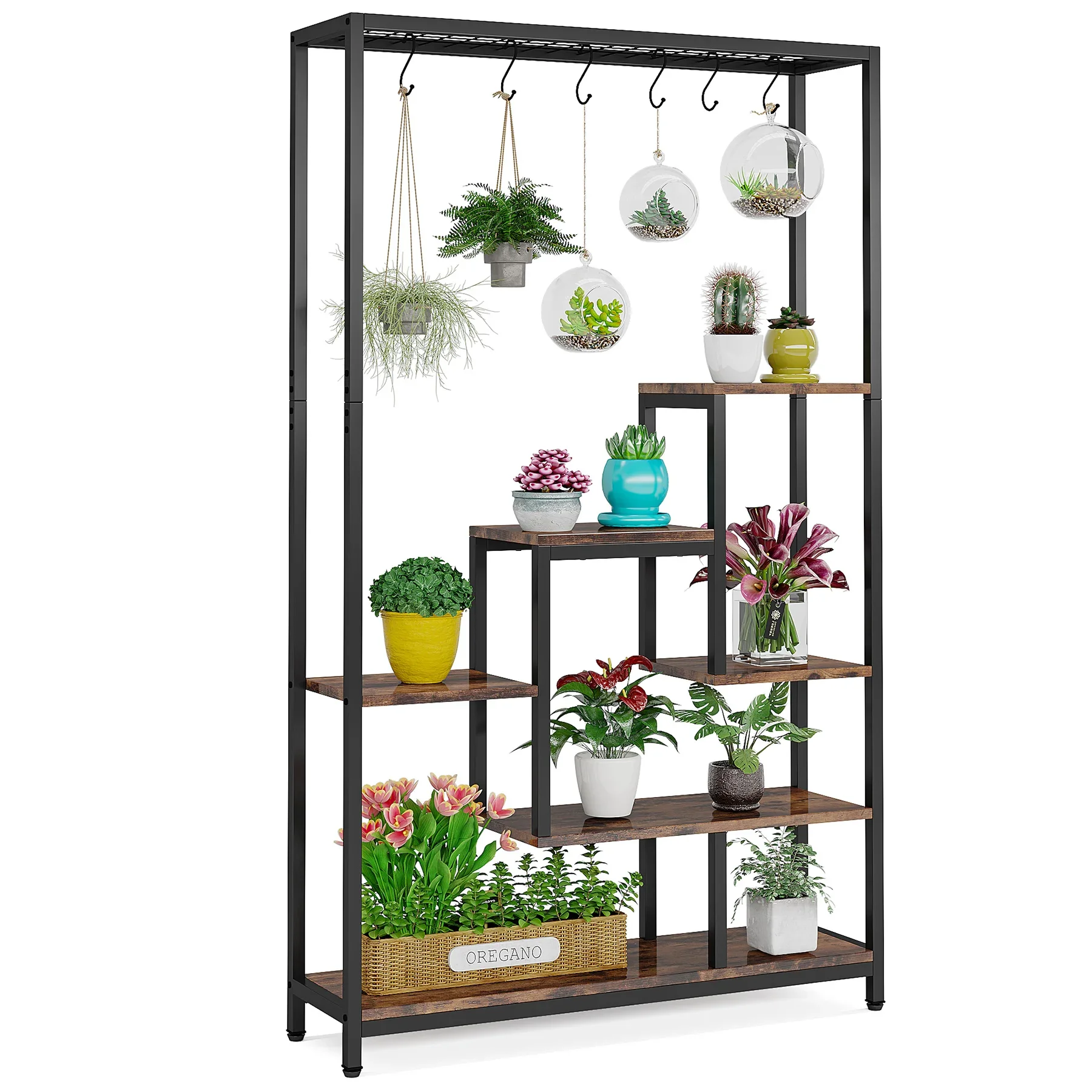 Tribesigns Soporte para plantas de interior de 5 niveles de altura, estante grande para plantas de metal de 70,9 pulgadas con 10 ganchos para colgar PC S para jardín