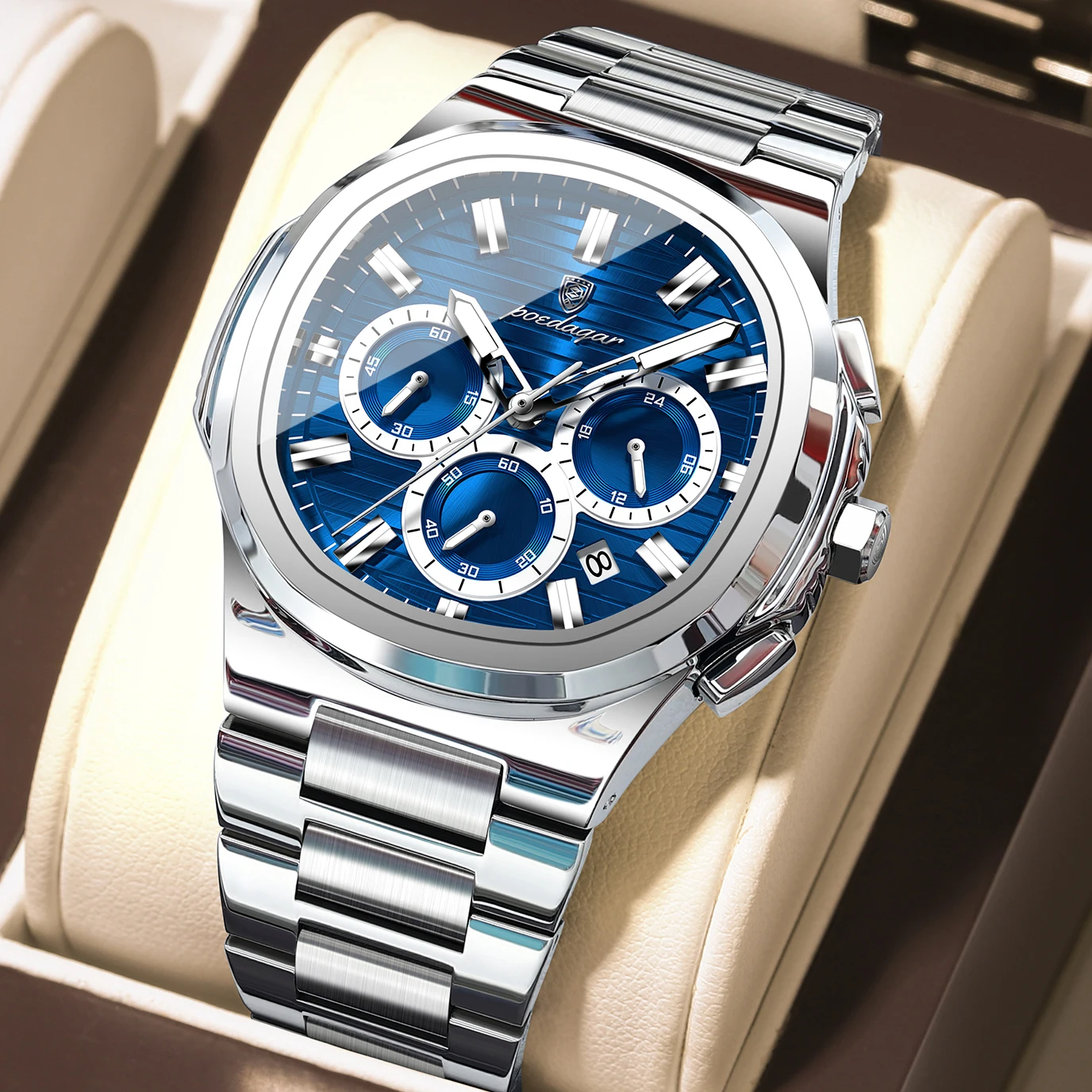 Reloj de pulsera POEDAGAR para hombre de negocios, de acero inoxidable, resistente al agua, luminoso, con fecha, cronógrafo, de cuarzo, moderno.