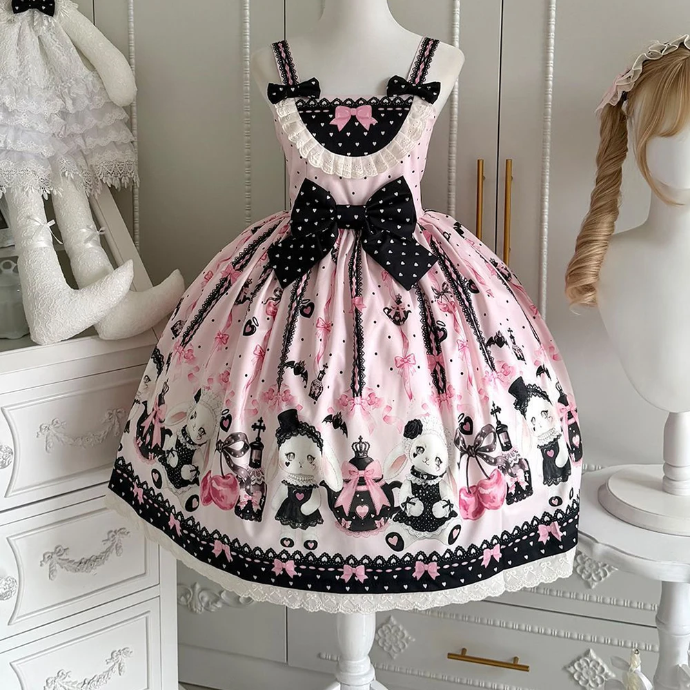 Vestido Lolita completo Sweetheart Lolita Sakura Rabbit Story, vestido escolar lindo para mujer, vestido de verano con ligera elasticidad.
