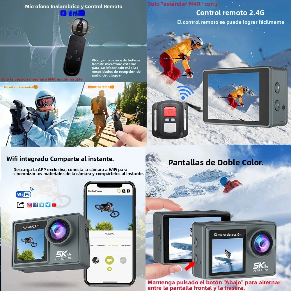 Cámara de Acción 5K 4K60FPS con Pantalla Táctil LCD IPS Dual, DVR, EIS 170 °   Cámara deportiva con zoom de 5 aumentos, resistente al agua hasta 30 metros, con micrófono inalámbrico y control remoto.
