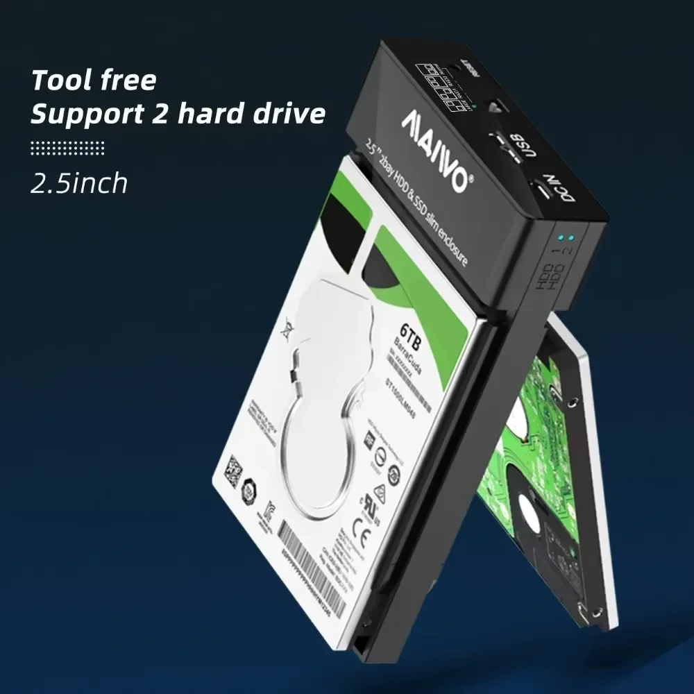 Caja para disco duro externo MAIWO Dual Bay, carcasa HDD SSD de 2,5 pulgadas para matriz de disco duro SATA con 4 funciones RAID, carcasa para PC