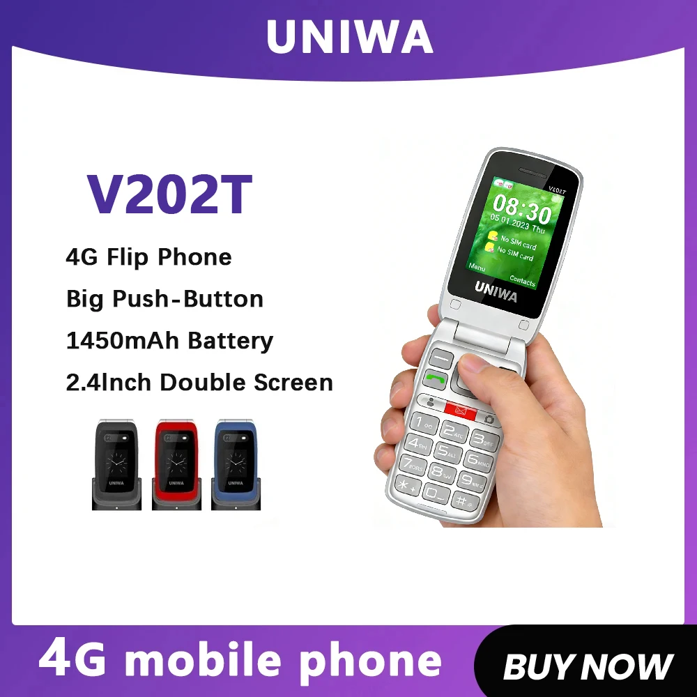Teléfono Móvil Flip UNIWA V202T 4G con Doble Pantalla y Botones Grandes para Personas Mayores, 1450mAh, Función SOS