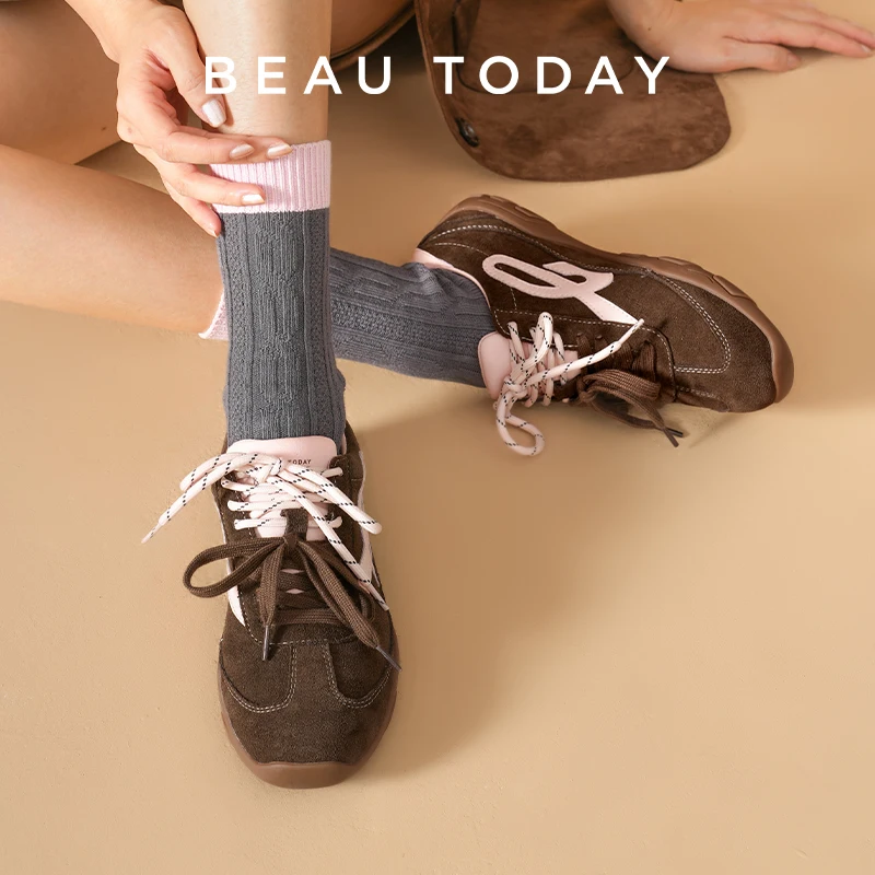 BEAUTODAY, zapatillas informales de cuero vacuno, Color mezclado, punta redonda, cordones de doble color, zapatillas deportivas, zapatos de mujer hechos a mano 29977