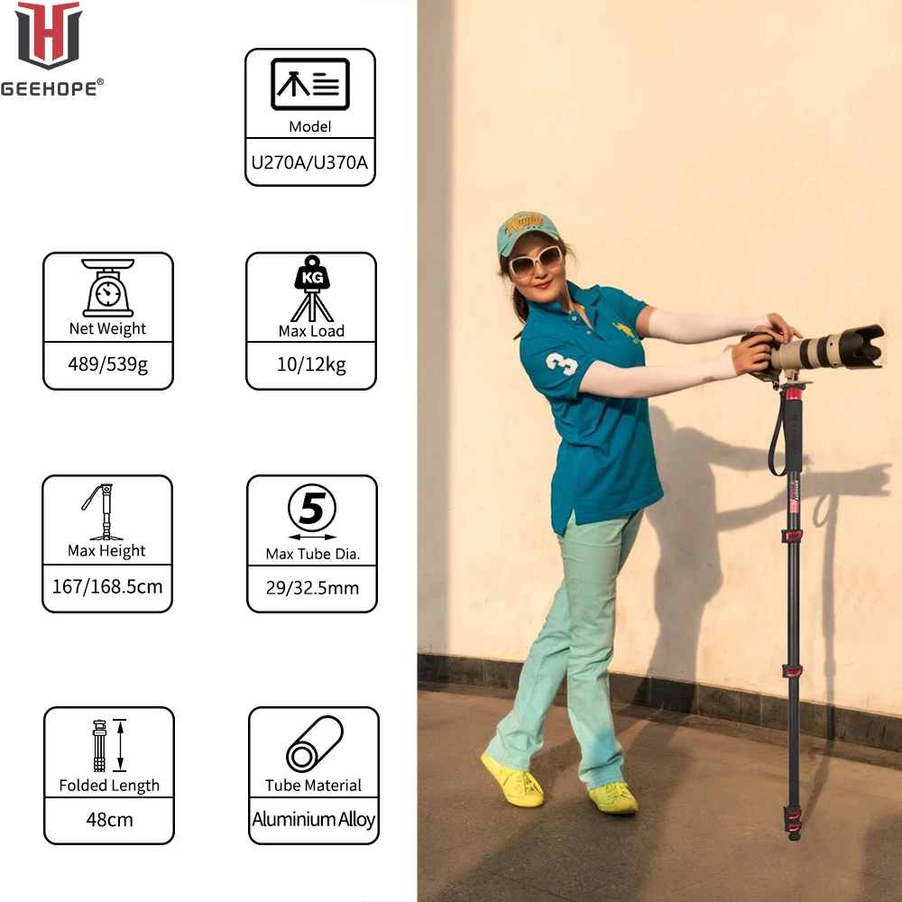 GEEHOPE U270A/U370A monopié de aleación de aluminio pierna de 5 secciones soporte para cámara de vídeo profesional para Canon Nikon GoPro DSLR videocámara