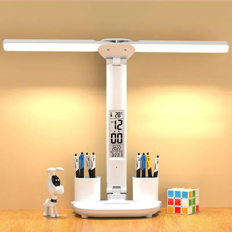 Lámpara de escritorio LED, lámpara de mesa plegable táctil regulable por USB con calendario, reloj de temperatura, luz nocturna para estudio, lámpara de lectura