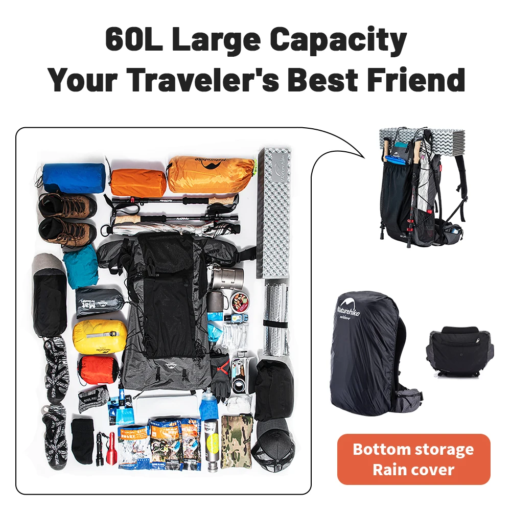 Mochila Naturehike para senderismo, bolsa para deportes al aire libre, mochila de diseño ergonómico de gran capacidad de 60 + 5L, mochila impermeable para viajes y acampada