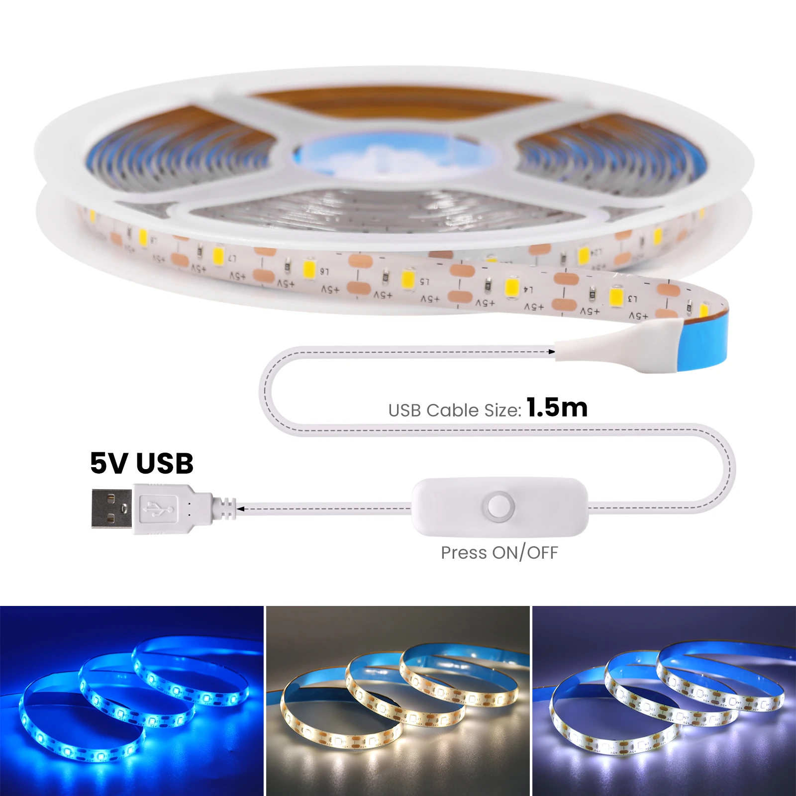 Tira de luces LED 5V 2835 USB 60Leds/m cinta Led Fita Flexible con interruptor blanco cálido luces LED impermeables para decoración de habitación