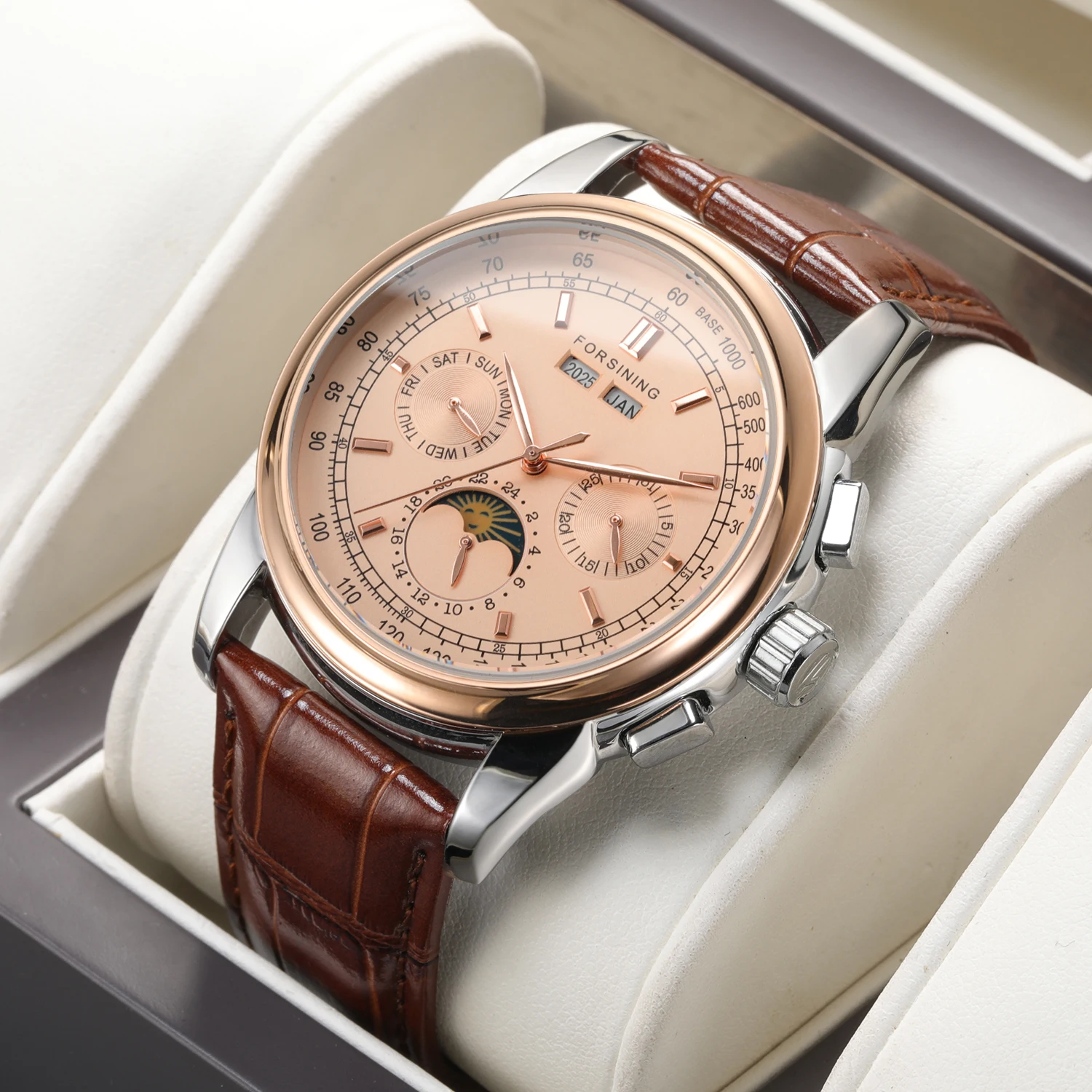 Forsining relojes mecánicos Retro fase lunar movimiento Shanghai caja de oro rosa correa de cuero marrón reloj automático de lujo para hombre