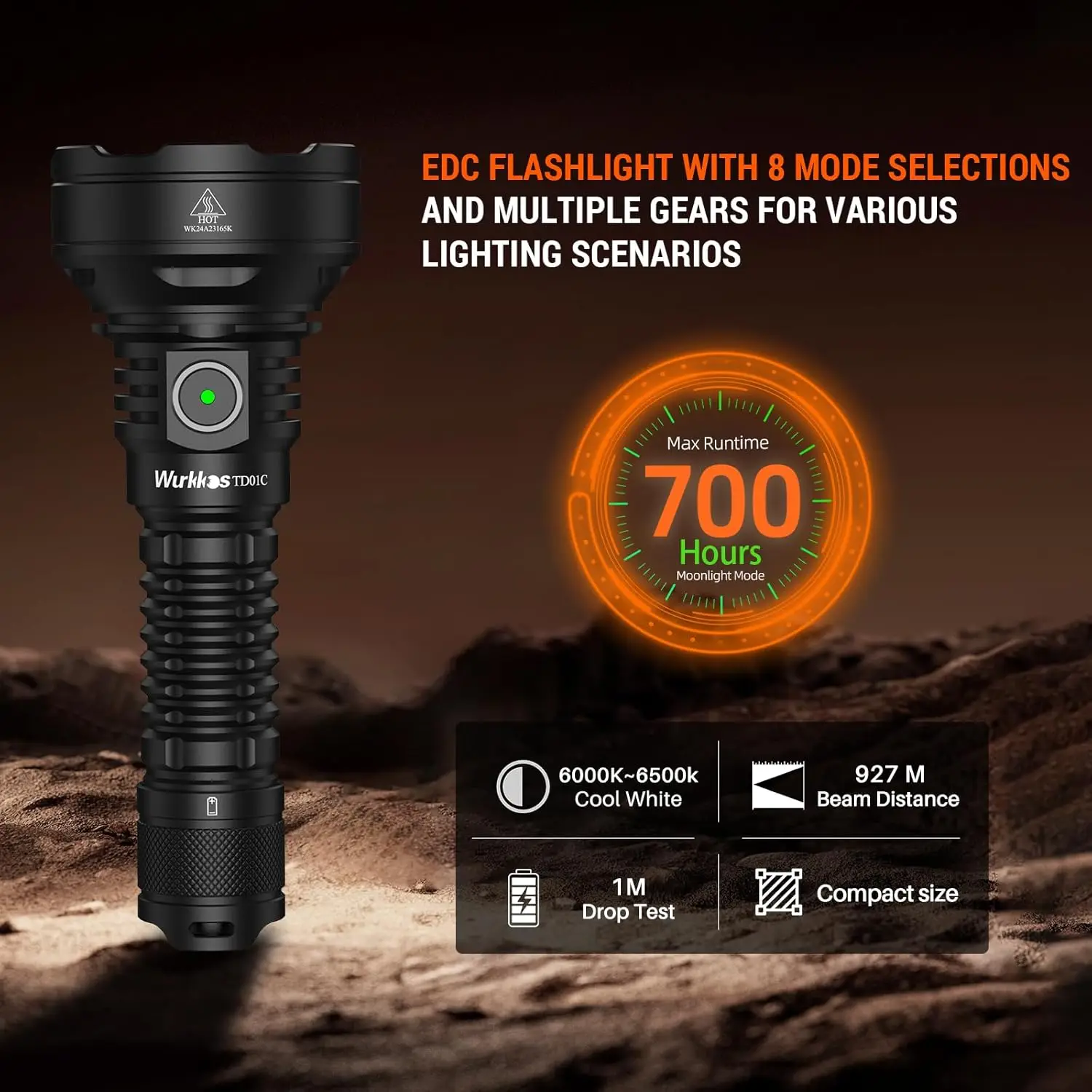Linterna Táctica Wurkkos TD01C 21700 Recargable por USB, 1800 Lúmenes, Ultra Largo Alcance, Interruptor Trasero, LED, IPX-8