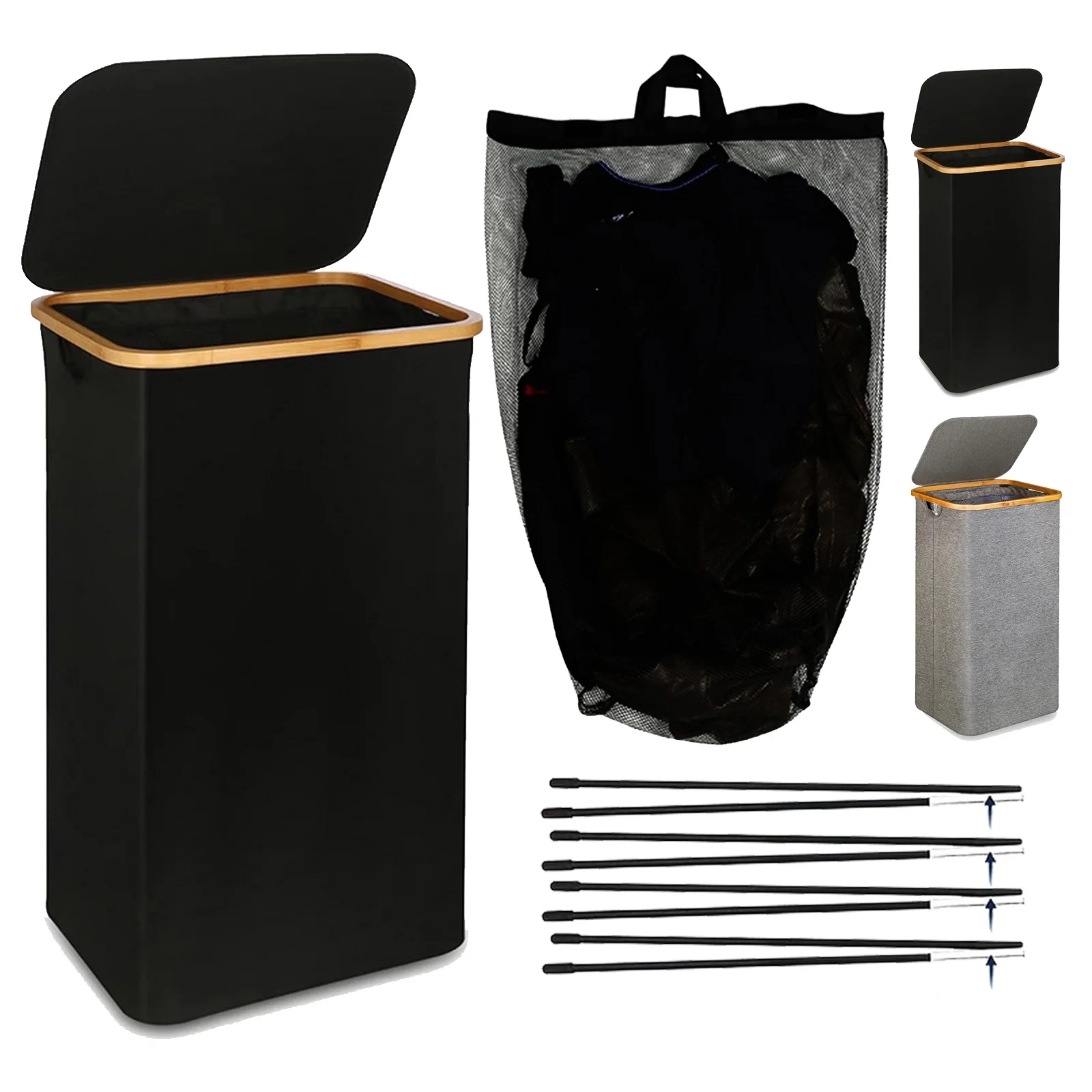 Cesta para ropa sucia con tapa y bolsa interior, cesta para la colada de 100 litros, cesta para la colada plegable con bolsa interior desmontable, 1 ud.