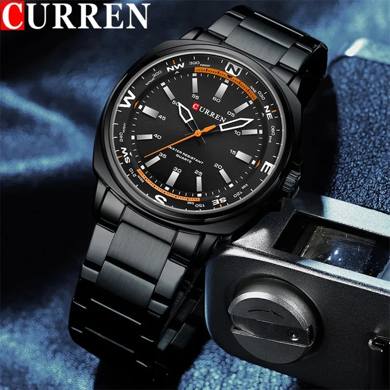Reloj de Cuarzo CURREN 8455 para Hombre, Diseño Elegante, Correa de Acero Inoxidable, Luz Nocturna, Resistente al Agua, Reloj de Lujo para Hombre