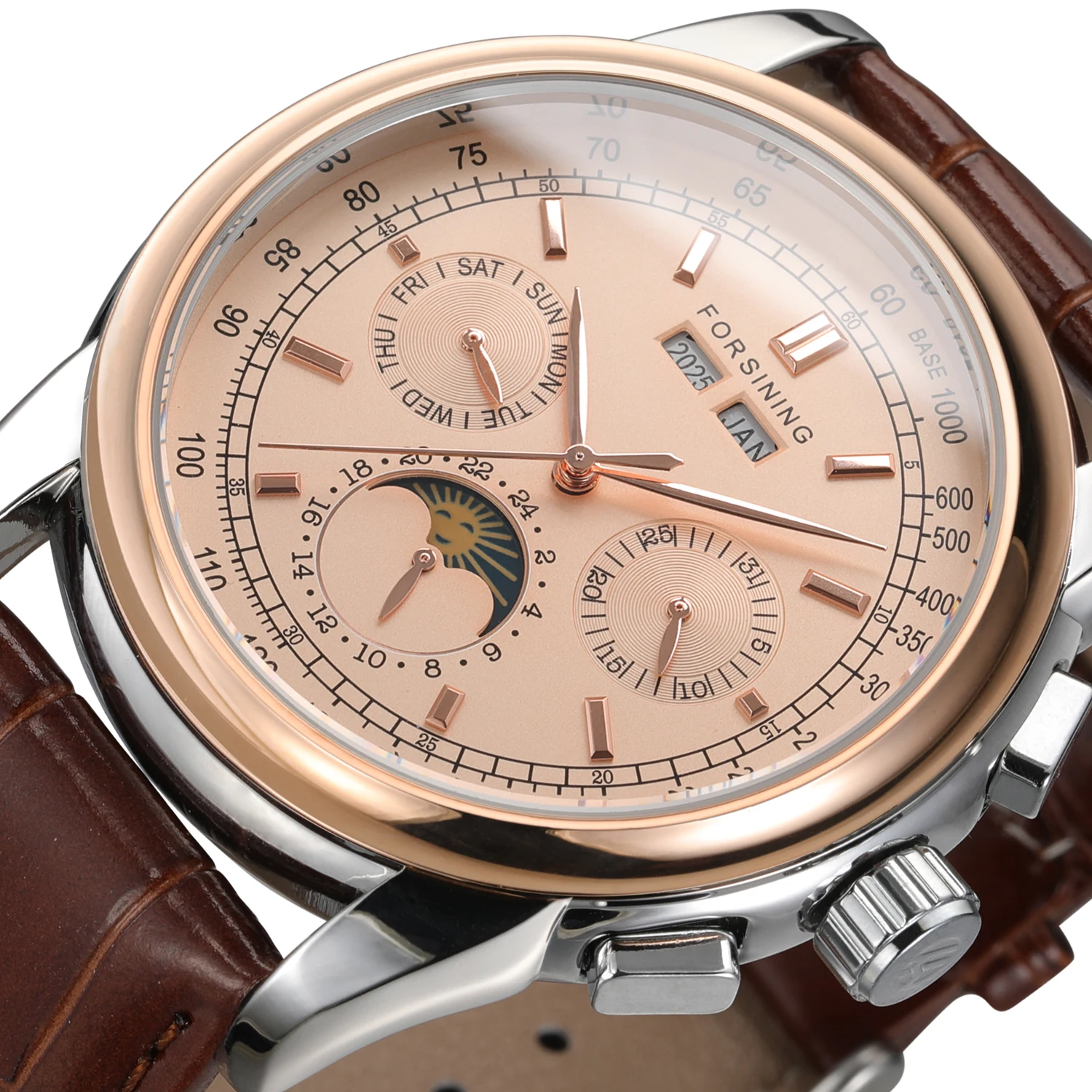 Forsining relojes mecánicos Retro fase lunar movimiento Shanghai caja de oro rosa correa de cuero marrón reloj automático de lujo para hombre
