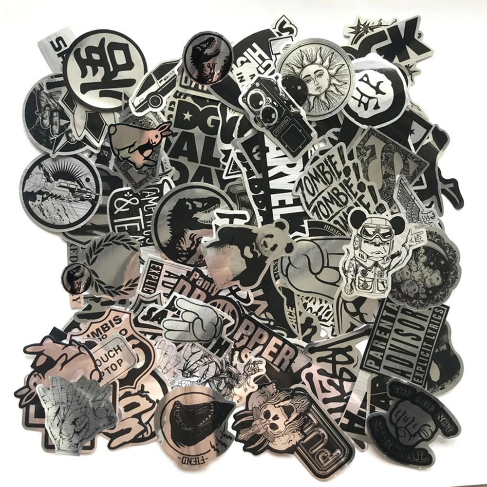 10/30/50/100 Uds. Imitando el logotipo de la marca de Metal pegatinas de banda de Rock Graffiti monopatín equipaje fresco PVC pegatina impermeable juguetes para niños