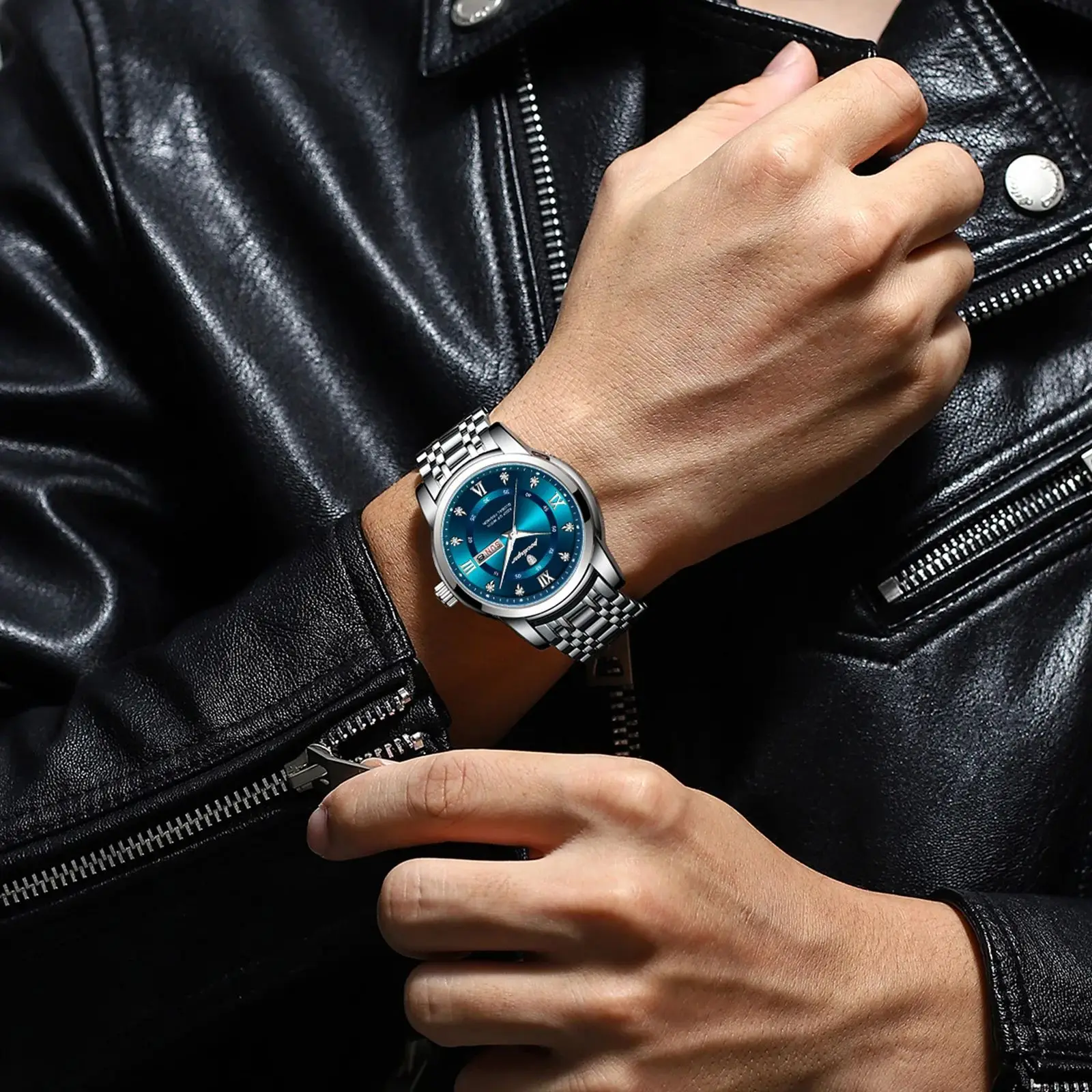 Reloj de pulsera POEDAGAR de lujo a la moda para hombre, Reloj luminoso de acero inoxidable resistente al agua para hombre, relojes de cuarzo a la moda con fecha y semana para hombre