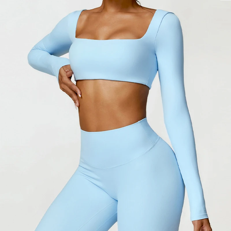 Hearuisavy Ropa Deportiva de Verano de Secado Rápido para Mujer, Top Deportivo con Cuello Cuadrado, Top Corto para Gimnasio, Ropa de Yoga de Manga Larga