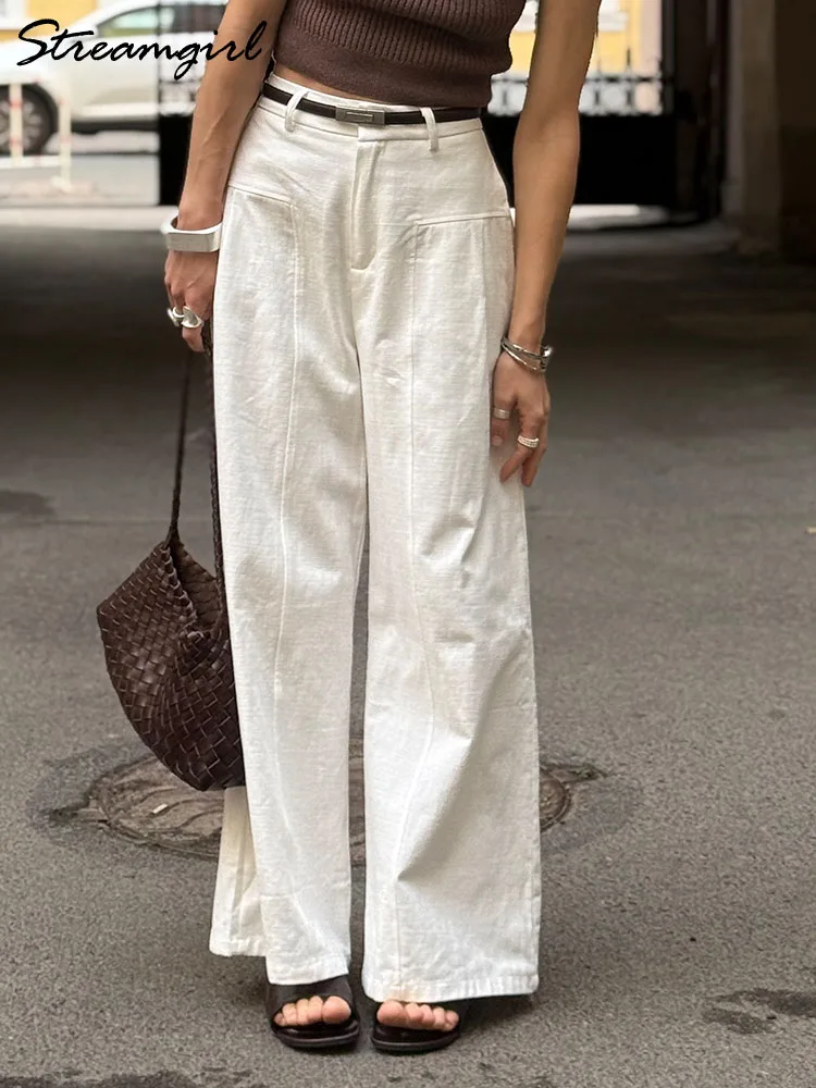 Pantalones blancos de lino y algodón para mujer, pantalones formales de pierna ancha, pantalones de traje de pierna recta de verano, pantalones formales de cintura alta para mujer, sueltos