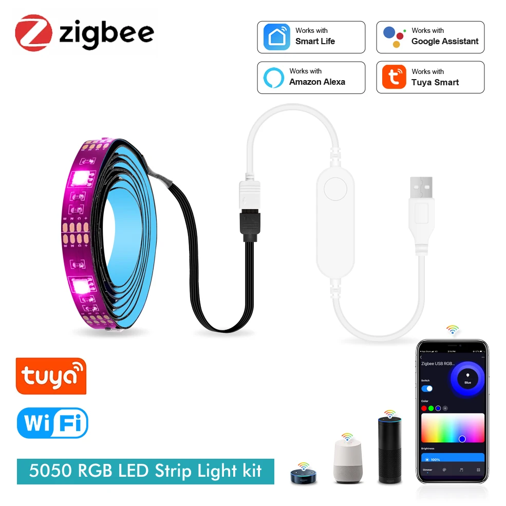 Luces Led inteligentes Zigbee USB Tuya Wifi RGB tira de led DC5V 5050 iluminación trasera de TV Led inteligente Wok con Alexa Google Home