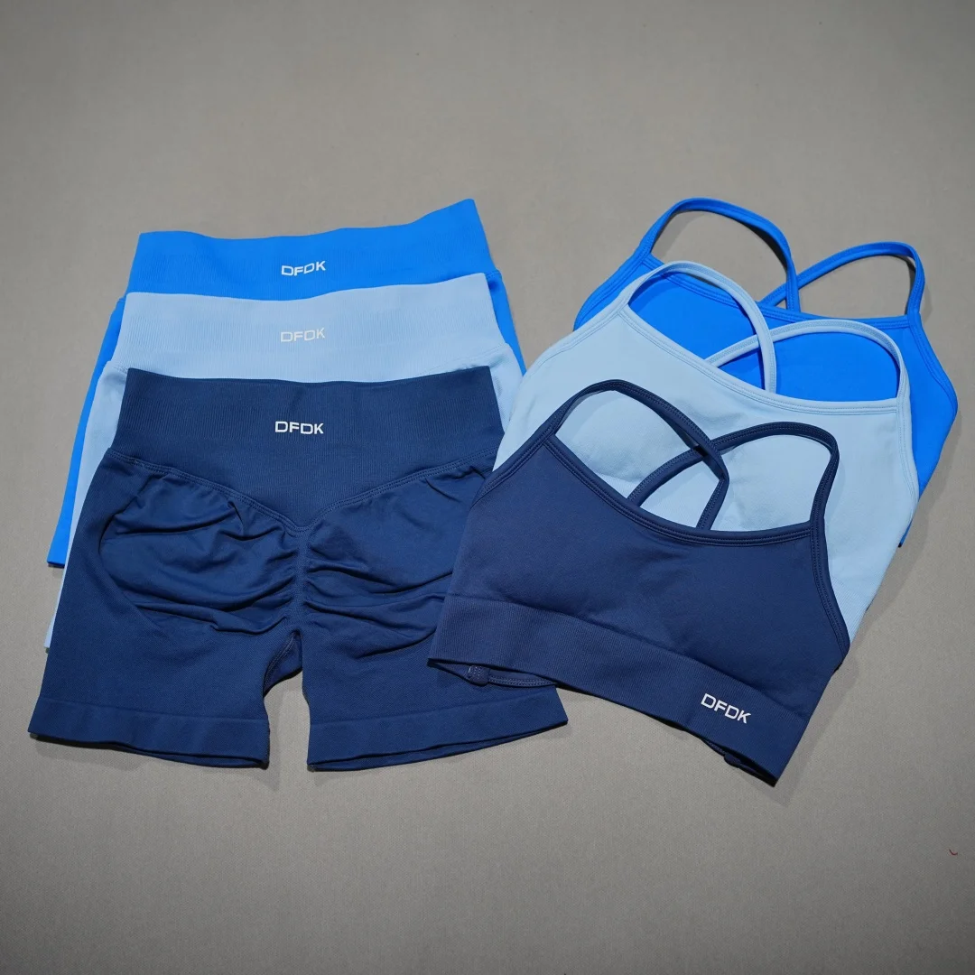 DFDK Conjunto deportivo de 2 piezas para mujer, sujetador deportivo con cordones, pantalones cortos sin costuras, leggings, conjunto deportivo para yoga, gimnasio, correr y fitness
