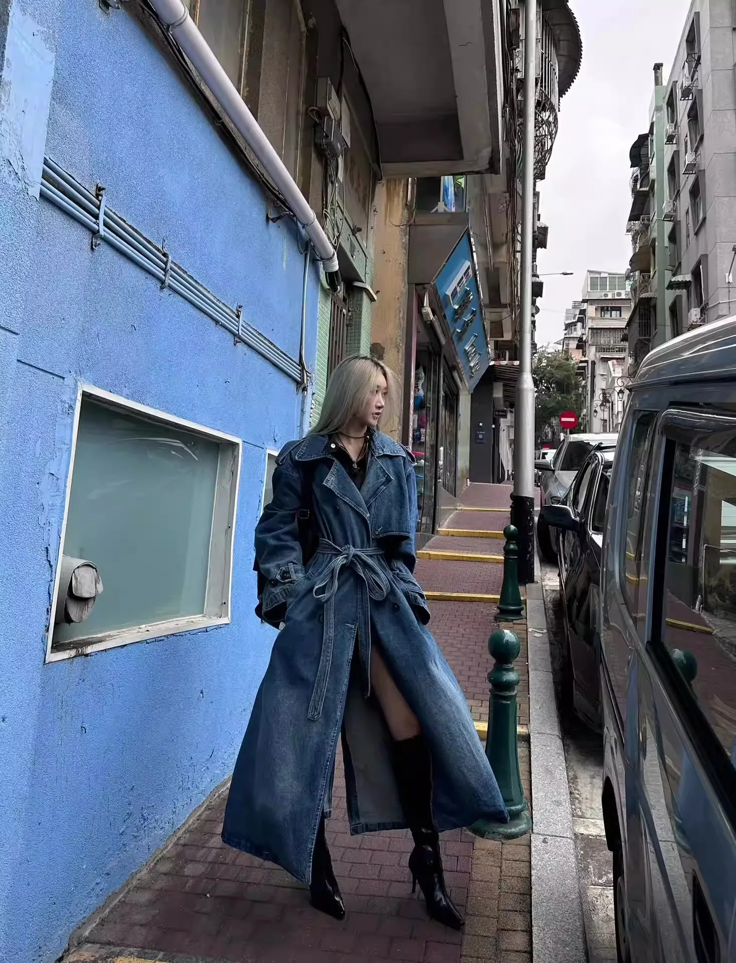 Gabardina cortavientos vaquera larga para mujer, abrigo vaquero Retro con doble botonadura, gabardina larga informal holgada de pierna ancha, otoño 2025