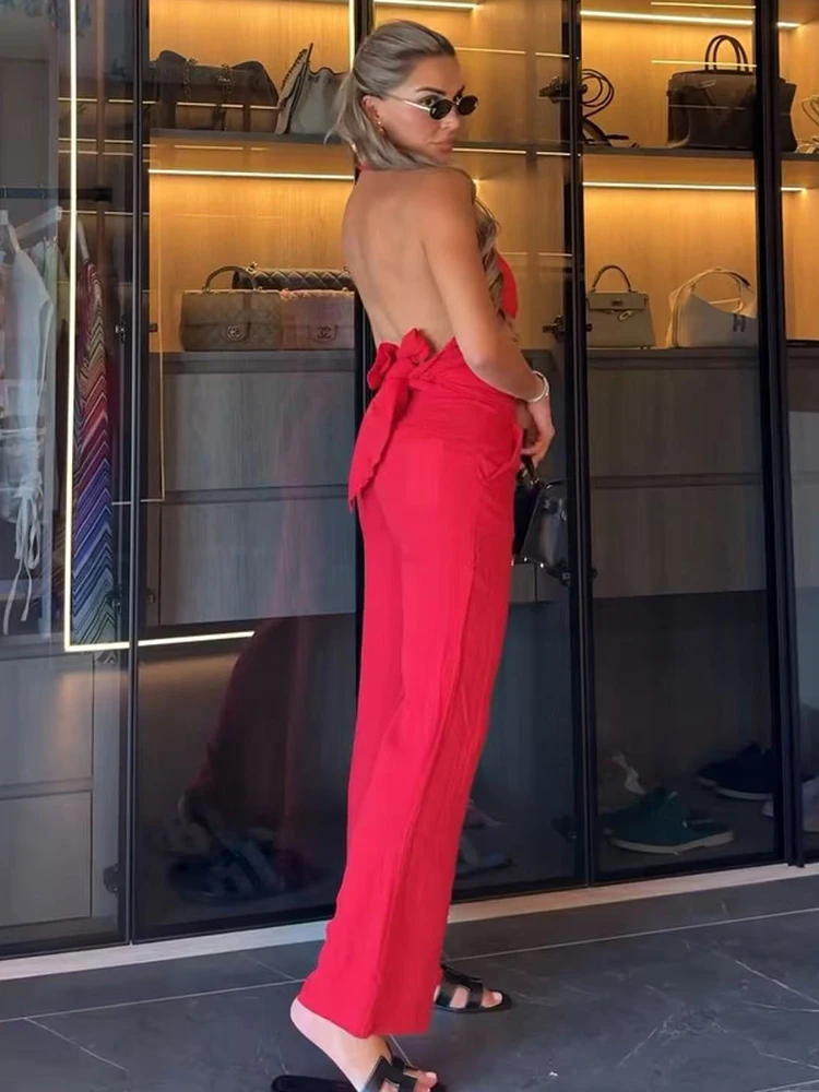 Conjunto de Top Rojo con Volantes para Mujer TFMLN, Top Halter sin Espalda y sin Mangas, Pantalones Rectos de Cintura Alta, Atuendo Chic, Sexy y a la Moda