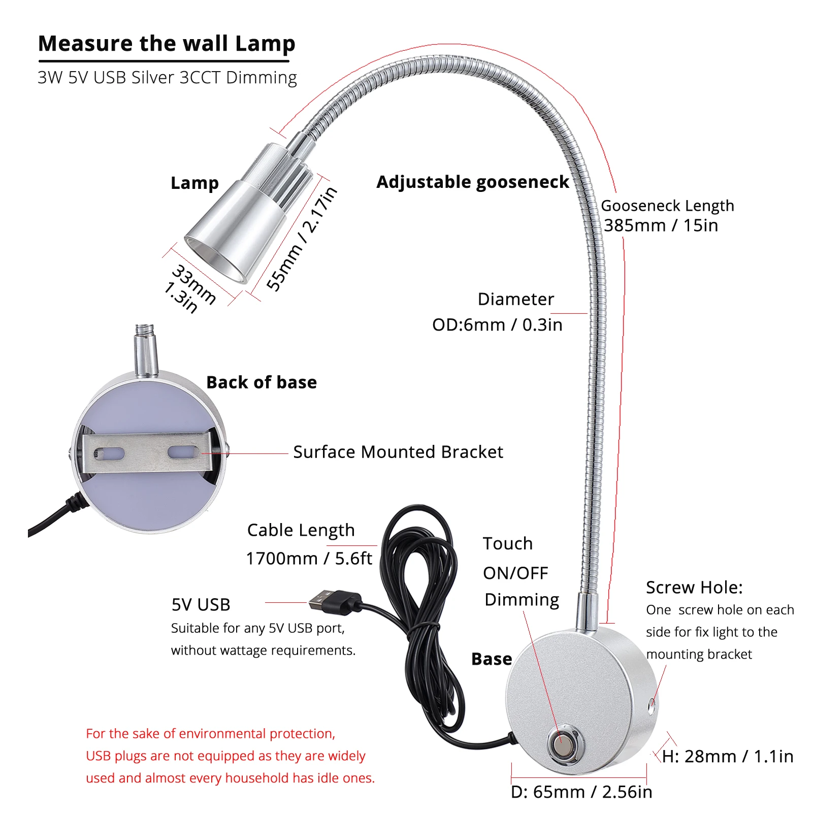 Lámpara de pared regulable CRI98 RG0, 5V, USB 3CCT, foco de lectura de cabecera, luz de trabajo, cuello de cisne ajustable de 15"