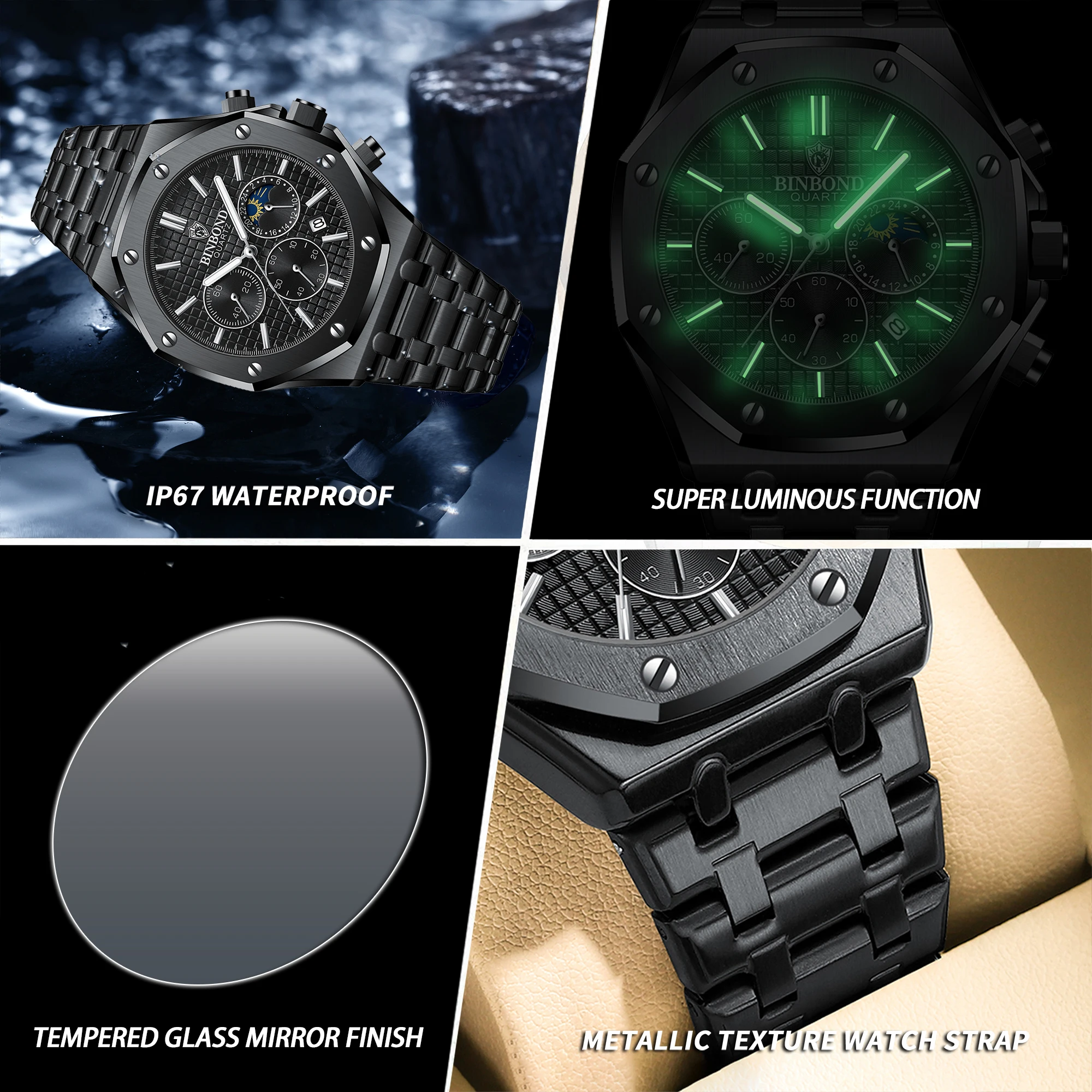 Relojes de Pulsera de Cuarzo de Lujo BINBOND, Luminosos, Resistentes al Agua, con Fecha Automática, Cronógrafo, Reloj Deportivo de Negocios para Hombre