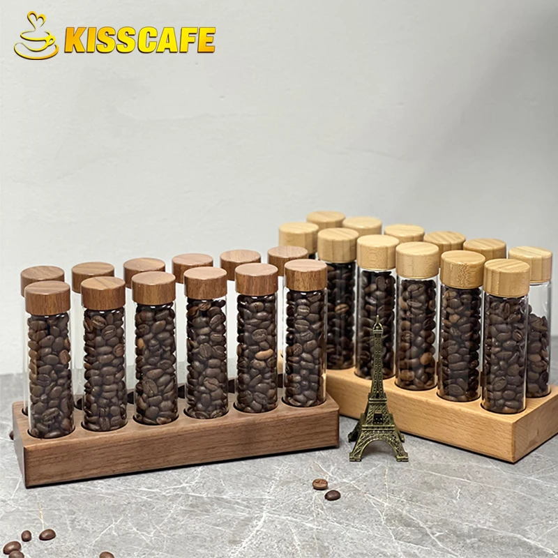 Tubo de almacenamiento de granos de café, vidrio de dosis única, 17g, 22g, contenedor a base de nogal con embudo, accesorios para Espresso, productos, herramientas de Barista